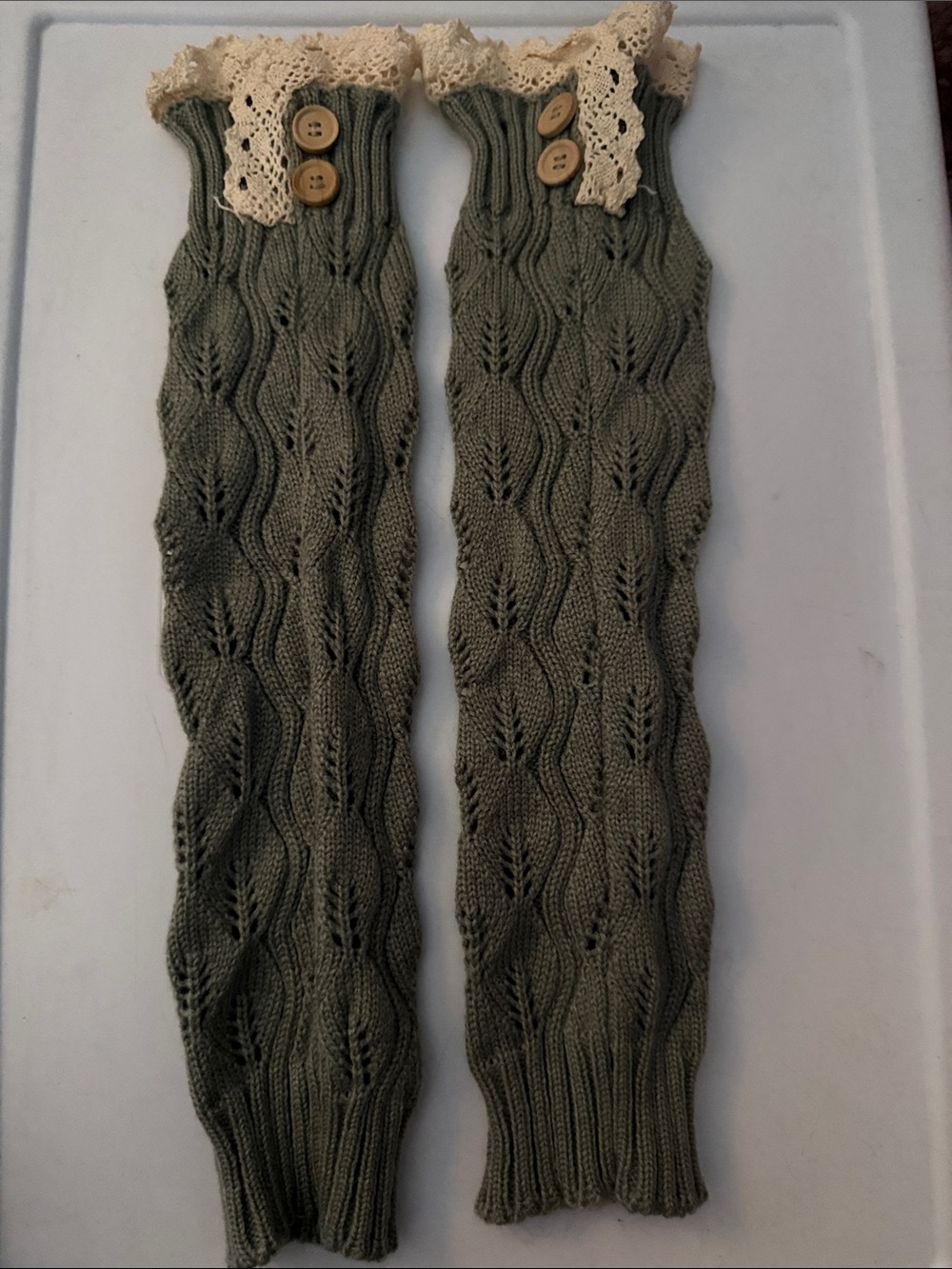 Cream Lace-Trim Olive Knit Leg Warmers for boots